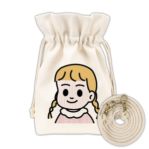 Japanese style canvas drawstring bucket bag featuring a cute cartoon girl illustration