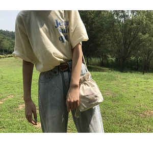Close-up of beige canvas bucket bag with carousel illustration and SEMAN PARK print