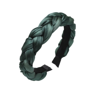 Braided dark green satin headband with twisted design and comfortable black lining