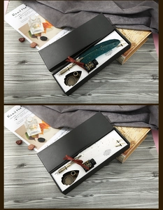 Detailed close-up of retro quill pen sets in dark green and white with ink and stand