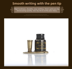 Macro detail of retro copper pen holder base and premium glass ink bottle set