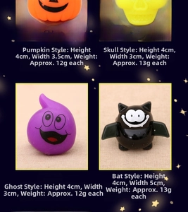 Size chart for Halloween LED rings featuring pumpkin, skull, ghost and bat designs