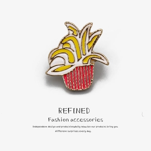 Cartoon french fries enamel brooch with red white stripes and gold plating detail