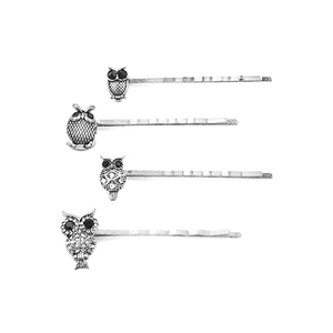 Set of four silver alloy owl hair clips with vintage rhinestone detailing for women