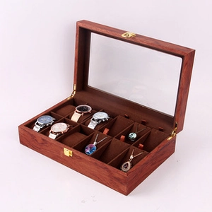 Detail view of 10-slot wooden watch box with brown velvet lining and gold metal latch