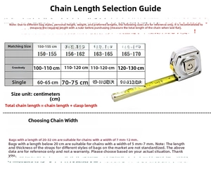 Size chart for pearl bag chain length selection based on height and bag size