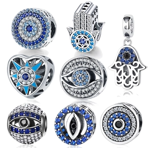 925 Sterling Silver Charm Evil Eye Hamsa Hand Of Fatima Blue Zircon DIY Bracelet Beads Protective Jewelry For Women