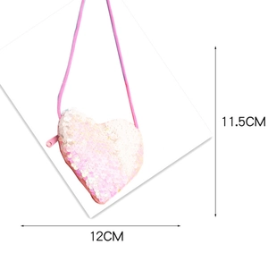 Macro detail of heart-shaped sequin coin purse with 11.5cm by 12cm size measurements