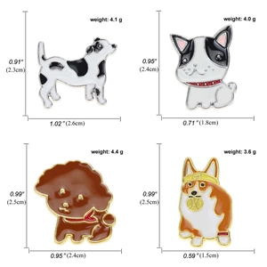 Cartoon dog enamel pins set with detailed size and weight specs for each puppy style