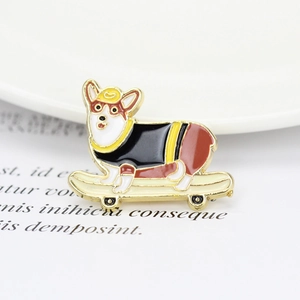 Close-up of a cute cartoon Corgi on a skateboard enamel pin made of gold-plated zinc alloy
