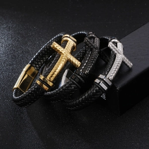 Fashionable braided leather cross bracelets for men in gold black and silver stainless steel