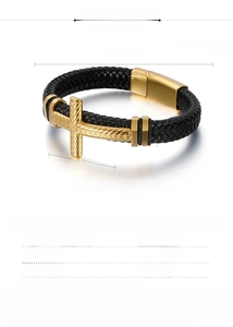 Detailed view of black woven leather bracelet with golden stainless steel cross buckle