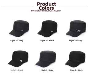 Detailed comparison of wool flat top army caps in black and grey with metal buckles