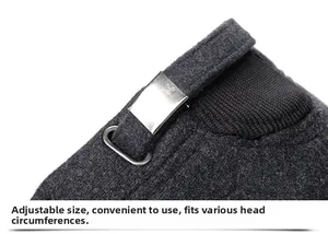 Detailed view of adjustable metal buckle and textured wool fabric on a grey military cap