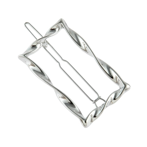 Polished silver alloy hair clip with a modern twisted rectangular frame for women