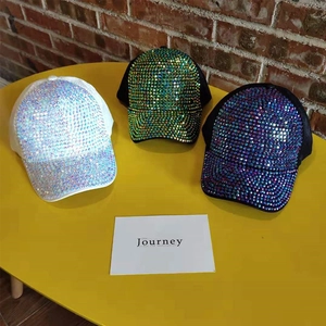 Set of three glitter rhinestone baseball caps in white green and purple colors