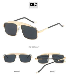 Detailed multi-angle views of double-bridge aviator sunglasses with gold metal frames