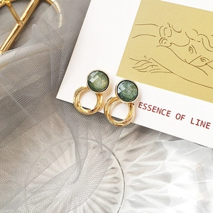 Vintage green round stud earrings with golden textured multi-layer rings for women