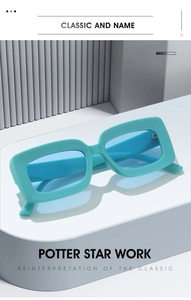 Close-up of stylish cyan square sunglasses placed on a white geometric platform