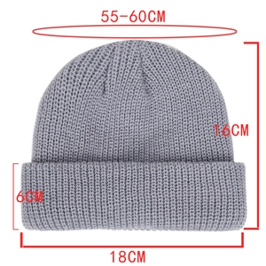 Grey knitted beanie hat with size dimensions 55-60cm circumference and ribbed texture