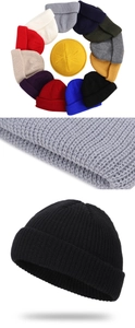 Close-up of knit texture and color selection for unisex wool skull cap beanies