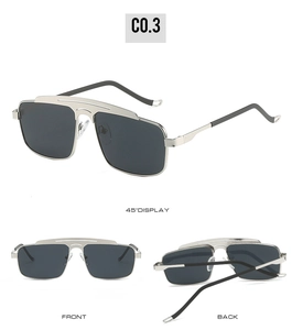 Multiple views of silver double-bridge sunglasses with dark grey square lenses