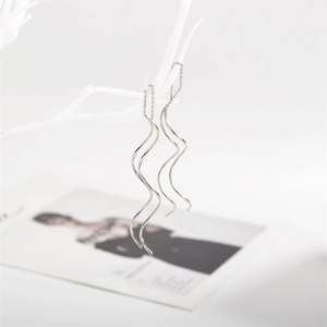 Detailed view of silver wave tassel earrings hanging on a minimalist white branch