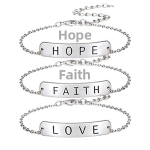 Three-piece metal bracelet set with engraved Hope, Faith, and Love charms and lobster clasp