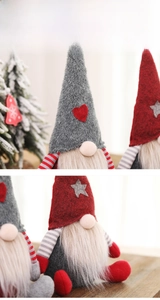 Close-up of knit fabric texture and long white beard on Christmas faceless gnomes
