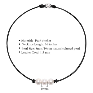 Trois perles sur collier en cuir noir de 16 pouces avec perles de culture de 10 mm