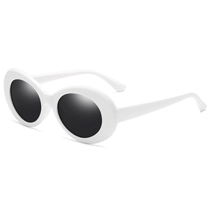 Retro white oval sunglasses with black lenses shown from a 45-degree angle on white background
