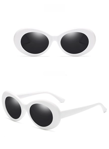Detailed front and side views of white oval clout goggles with dark gray lenses