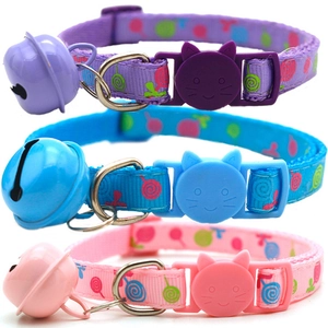 Three-piece set of adjustable nylon cat collars with lollipop prints and bell charms