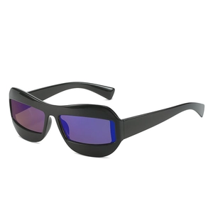Cat eye sunglasses with thick black frame and purple-blue gradient reflective lenses