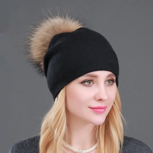 Berretto da Donna Invernale in Maglia di Cashmere Con Pompon in Vera Pelliccia di Procione Rimovibile Caldo Cappello Outdoor
