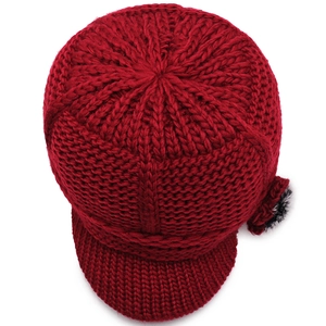 Winter knitted visor hat for women in deep red with warm fleece lining and floral detail