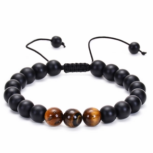 Adjustable hand-woven bracelet with natural red tiger eye and black matte stone beads