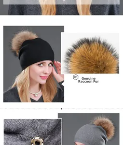 Dettaglio del pompon in vera pelliccia di procione e della trama in maglia del cappello