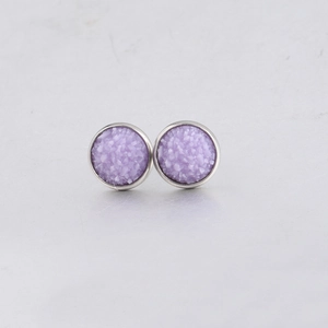 Close-up of 10mm round purple druzy stud earrings with silver-toned stainless steel bases