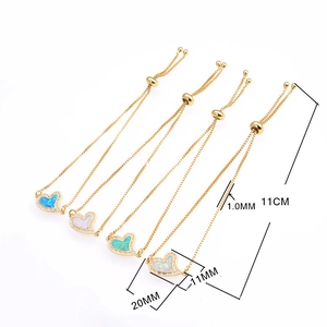 Adjustable gold opal heart bracelets with cubic zirconia and 1.0mm box chain
