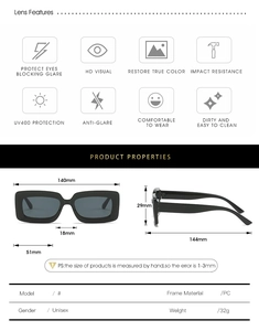 Detailed size specifications and dimensions for black rectangular PC frame sunglasses