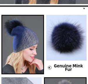 Detail of dark blue knit beanie featuring real raccoon fur pom and silver glitter accent