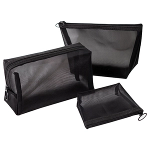 Three-piece black mesh makeup bag set for organized travel toiletries and cosmetics