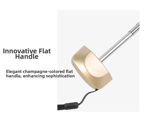 Close-up of flat champagne gold umbrella handle with silver metal shaft and black lanyard