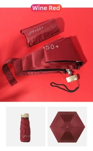 Detailed view of wine red mini sun umbrella with UPF 50+ protection and matching storage pouch