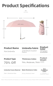 Detailed spec chart of a mini 5-fold pink umbrella with 210T vinyl fabric and UPF 50+ rating