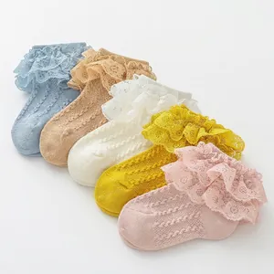 Five pairs of girls cotton lace princess socks in soft pastel colors for spring