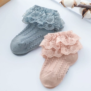 Detail of baby lace socks in pink and blue with elegant double-layer frill and hollow knit