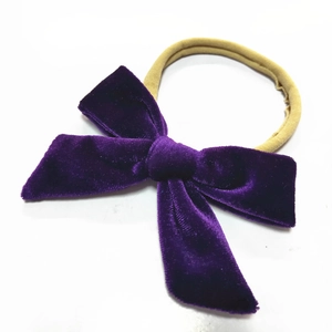 Soft purple velvet bow baby nylon headband with elastic beige band for infants