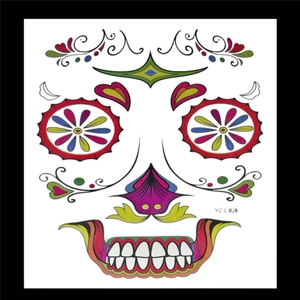 Colorful Day of the Dead face tattoo sticker with floral and skull patterns for Halloween